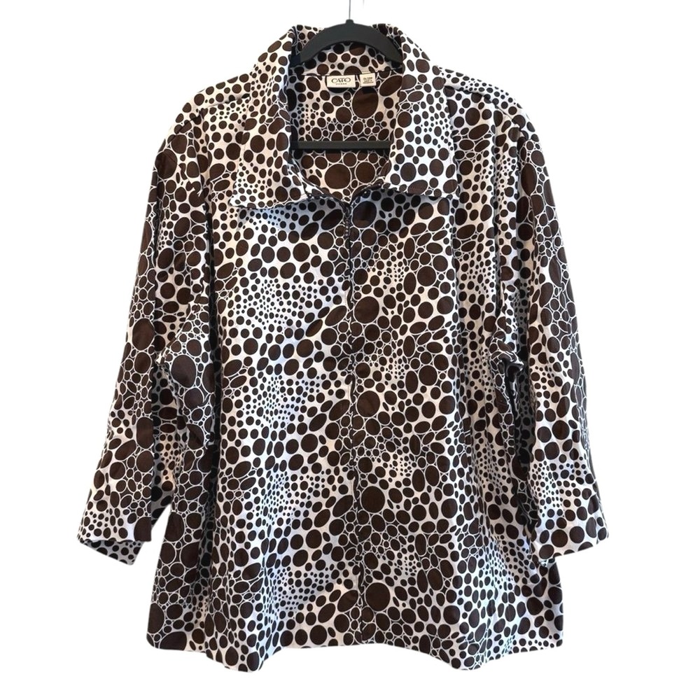 Cato Woman Brown‎ White Abstract Polka Dot Zip Front Blouse Jacket Plus 26/28W